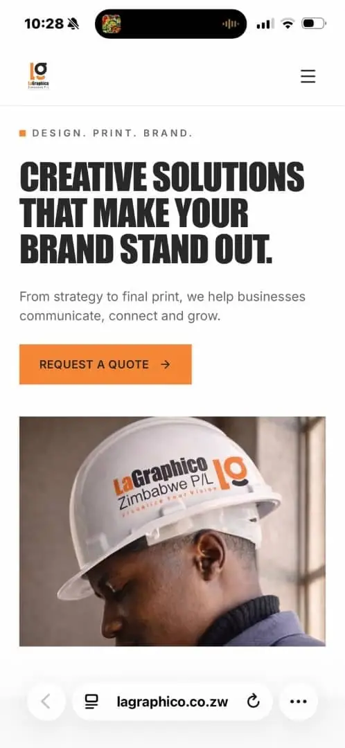 The LaGraphico homepage on a phone, with the headline Creative solutions that make your brand stand out above an orange Request a Quote button