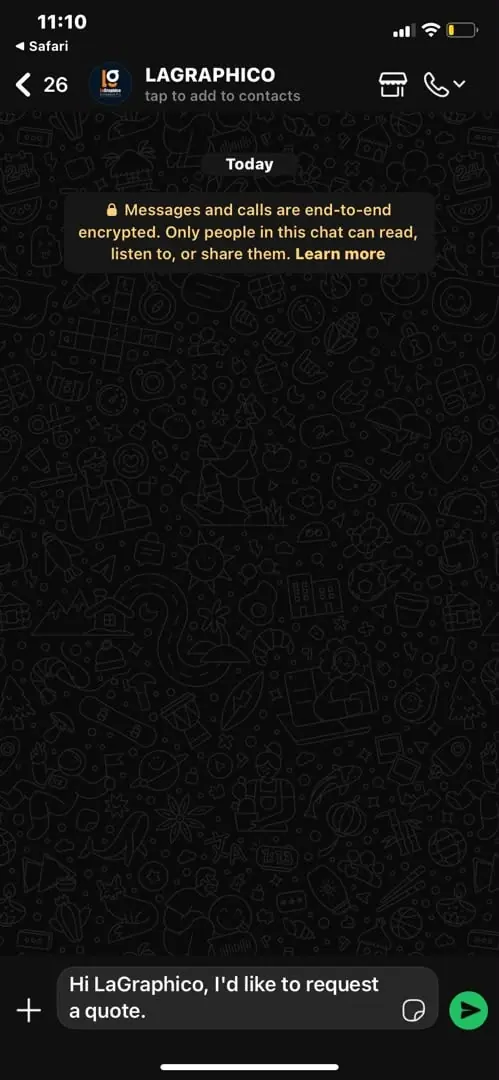 A WhatsApp chat with LaGraphico opened from the website, with the message Hi LaGraphico, I'd like to request a quote already typed